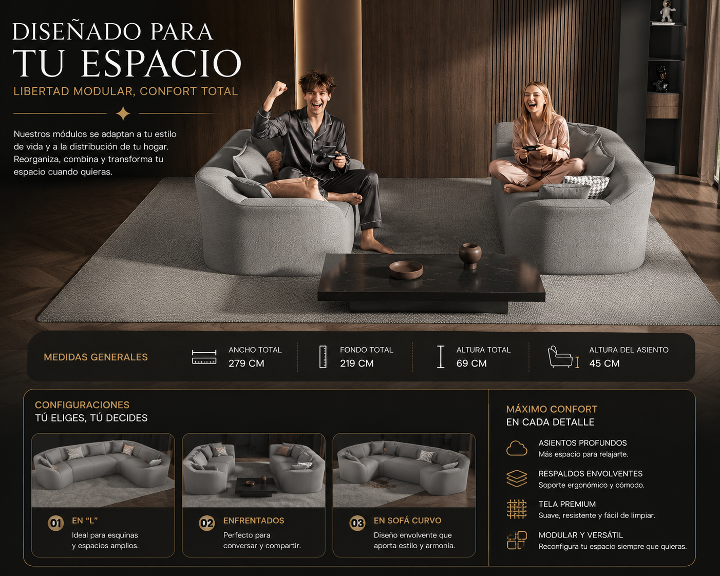 Sofa Seccional Curvo Bellagio en forma de L