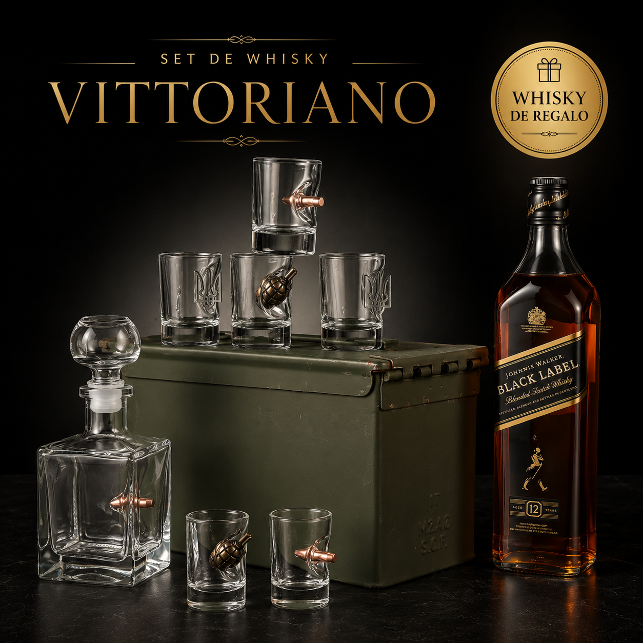Set de whisky vittoriano + black label de regalo